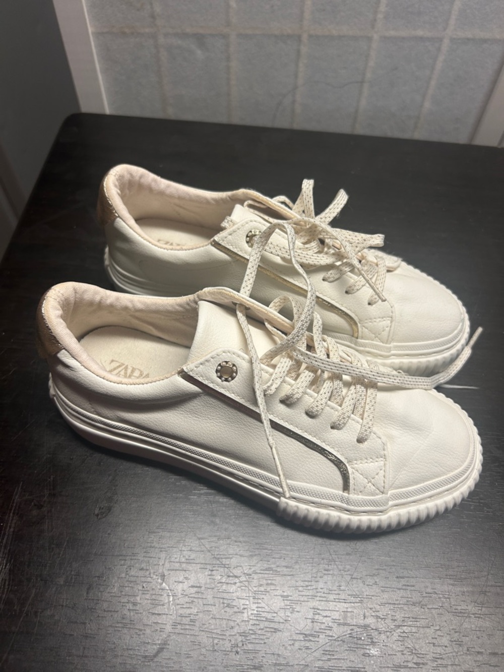 Zara Kids Cream Lace-Up Sneakers with Tan Heel Tab